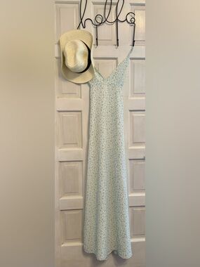 GUESS Los Angeles Blue Ditsy Floral Maxi Slip Dress L Empire High Slit Strappy